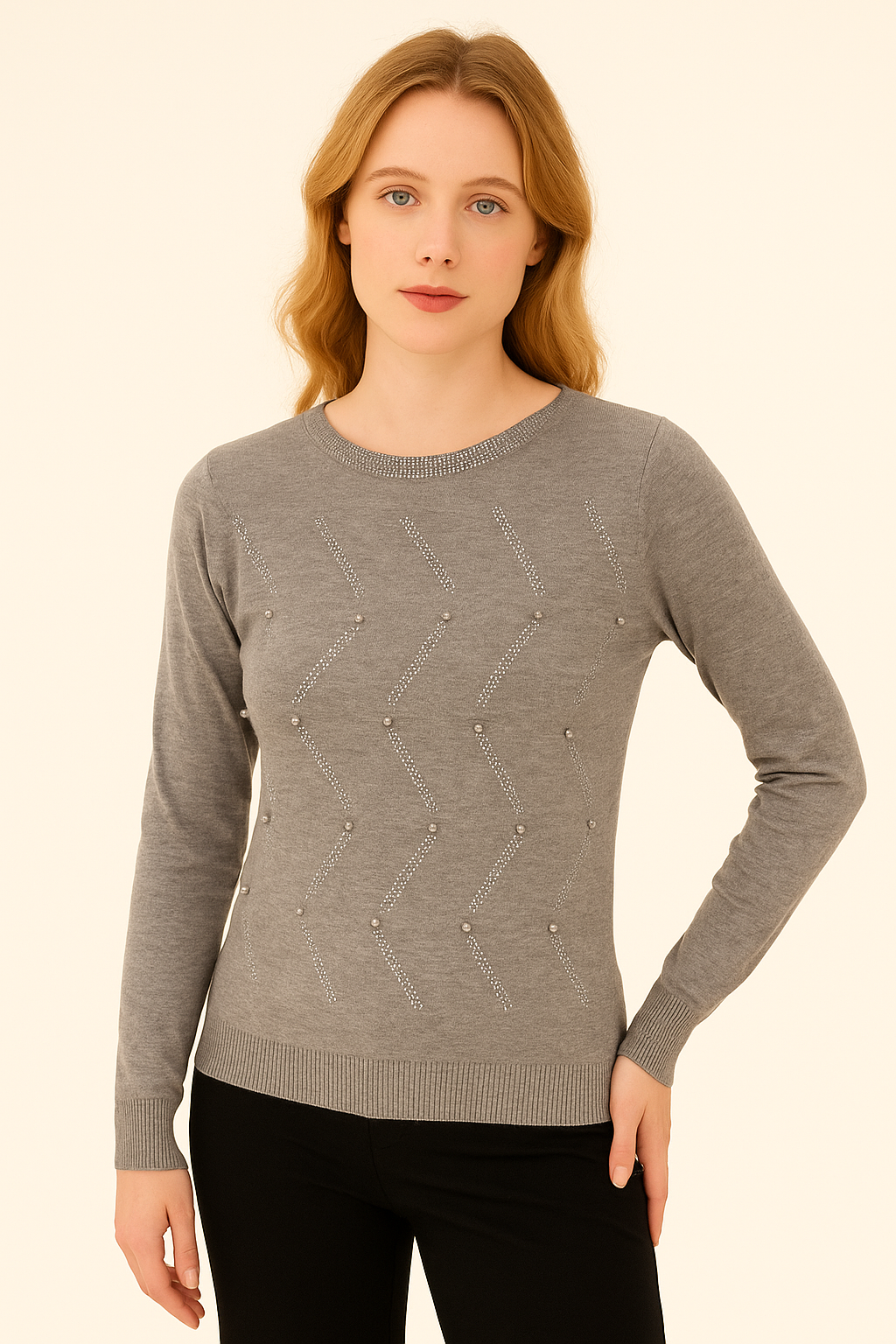 Suéter Gris con Perlas y Cristales